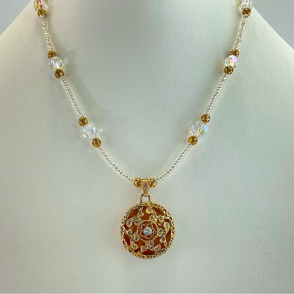 Artisan Jewelry - Host Pick! Antique Gold Filigree Pendant Necklace With Aurora Borealis Crystals